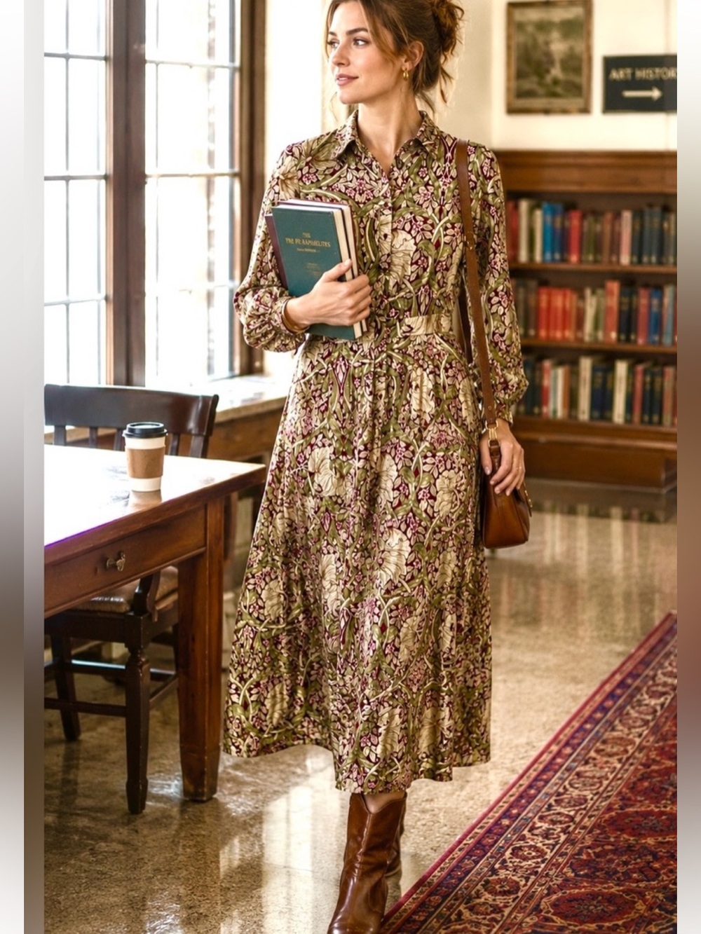 Morris & Co X H&M Botanical Art Print Long Sleeve Midi Length Shirt Dress